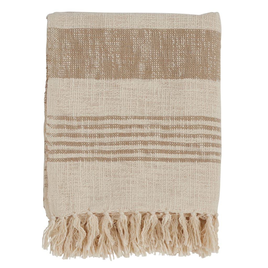 Cotton Throw With Striped And Tasseled Design