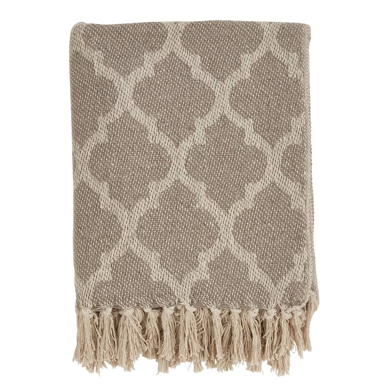 Cotton Throw Blanket with Moroccan Tile Design - Grey