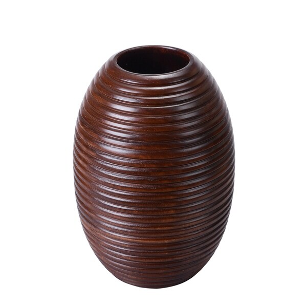 Villacera 10" Tall 7" Round Mango Wood Ripple Vase
