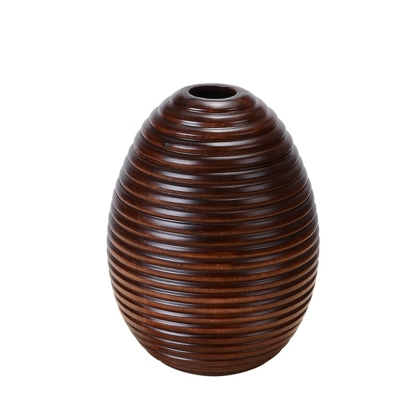 Villacera 10" Tall 8" Round Mango Wood Ripple Vase