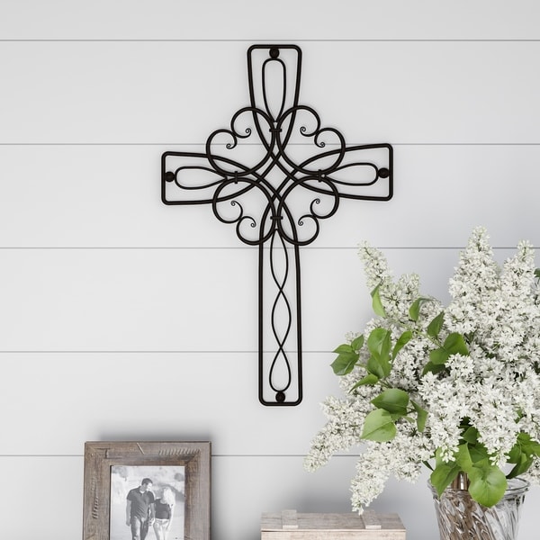 Lavish Home Metal Wall Cross with Decorative Floral Scroll Design