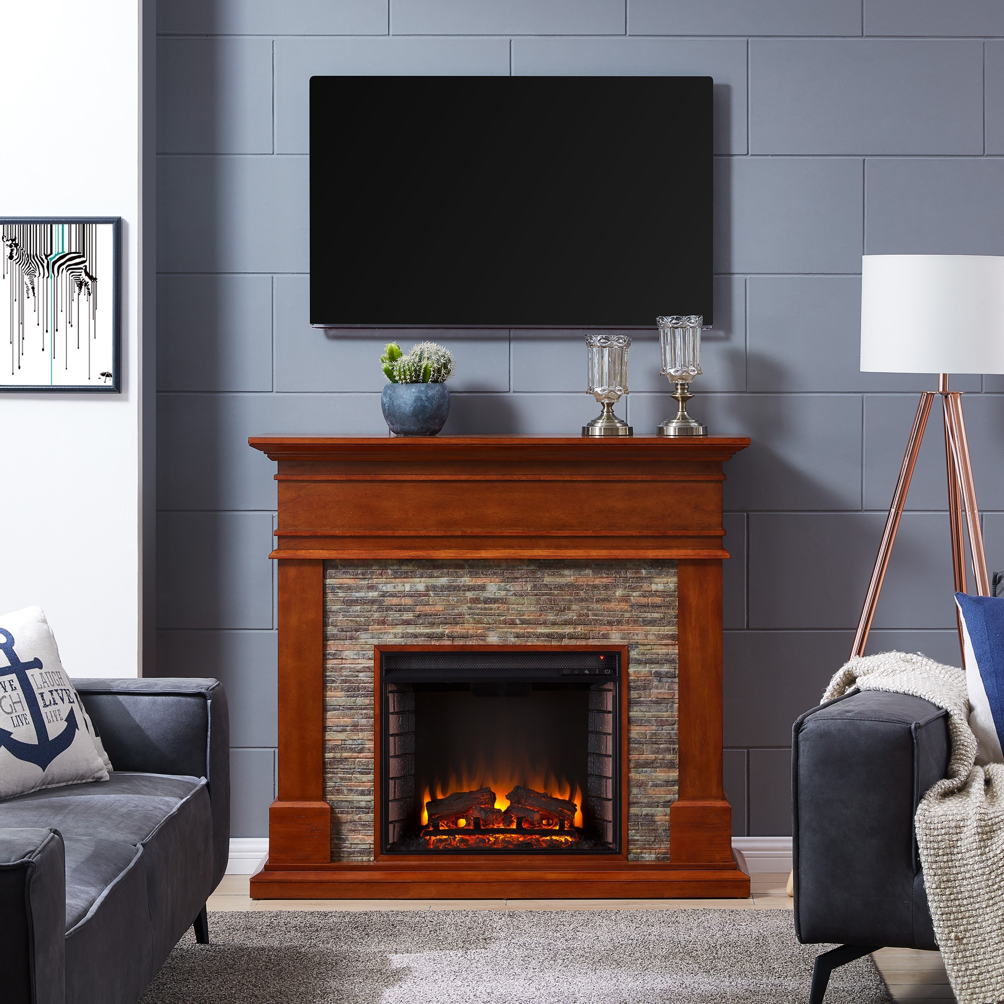 Shop Hennintol Faux Stone Electric Fireplace Glazed Pine And