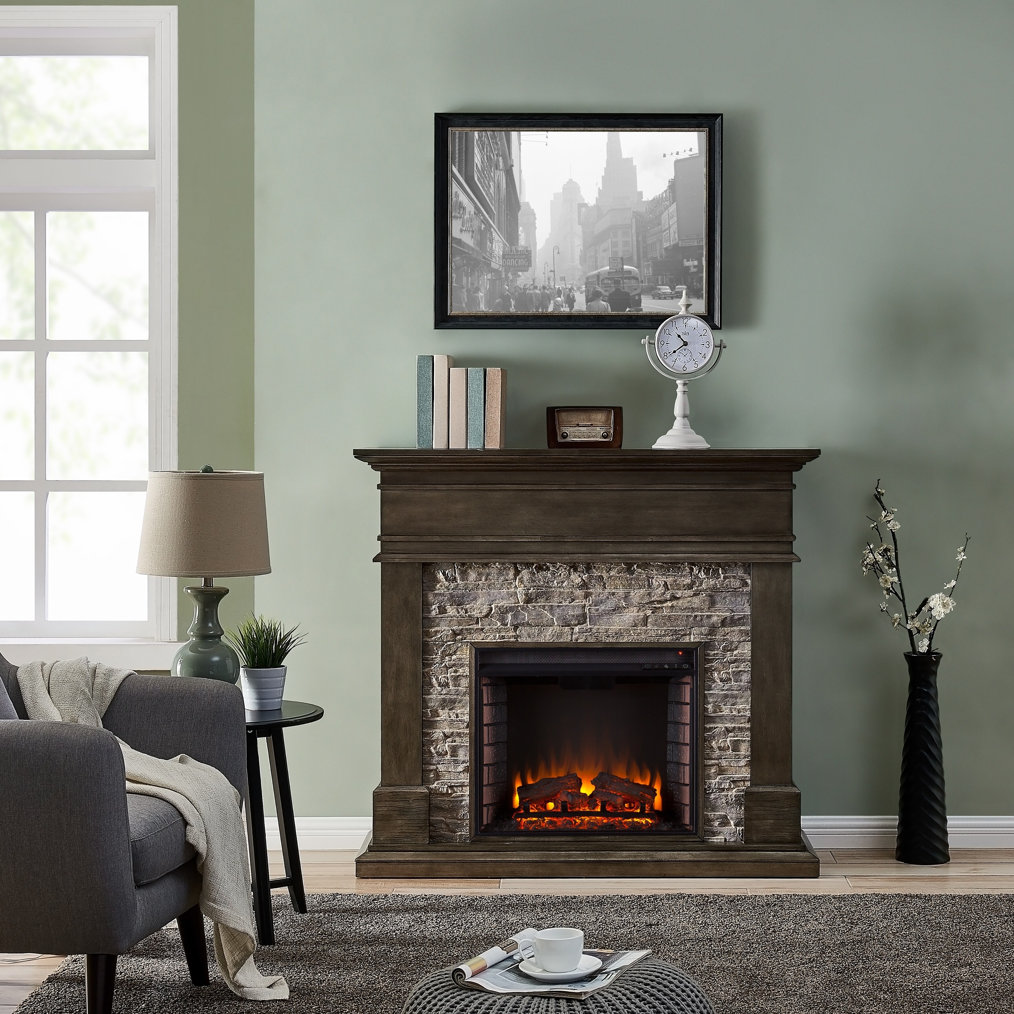 Hennintol Faux Stone Electric Fireplace Glazed Pine And Multicolored River Stone