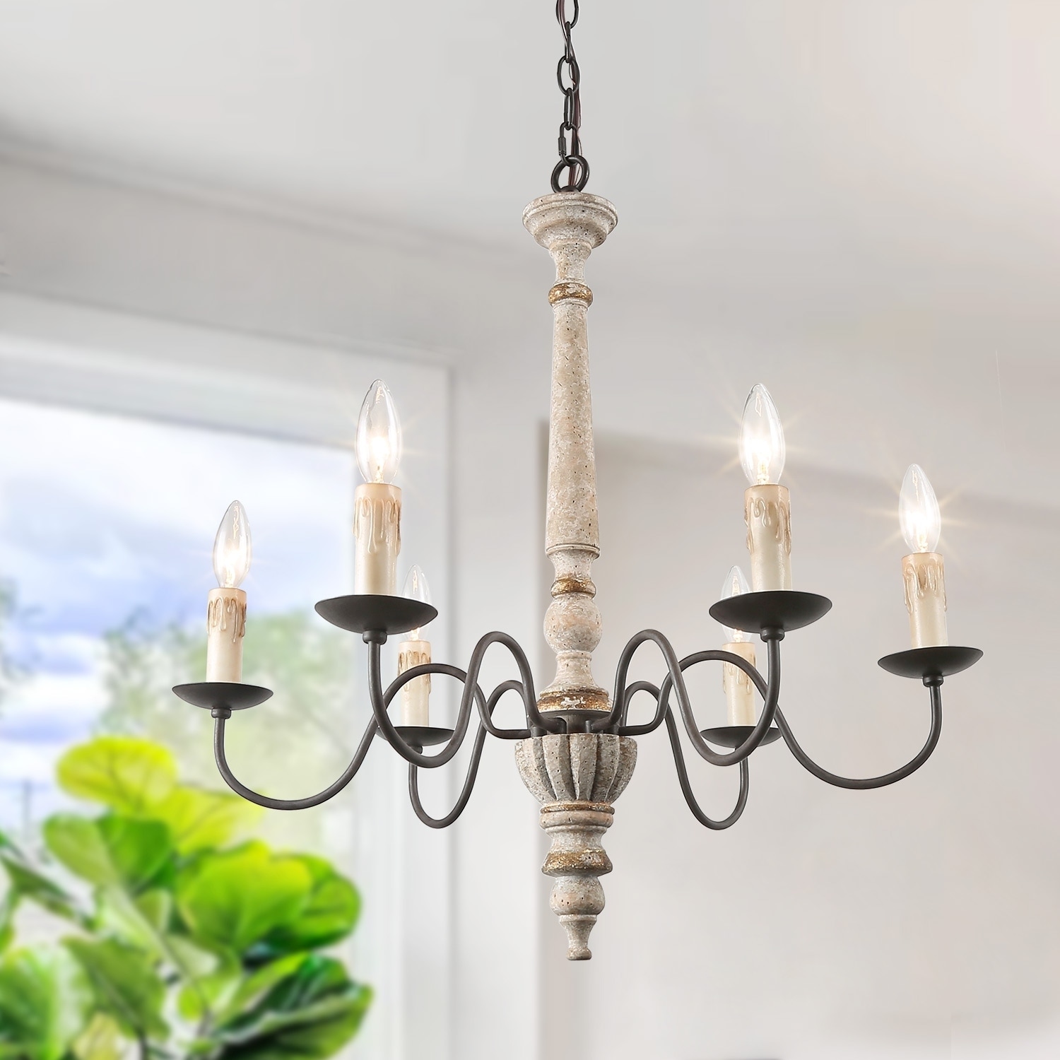 LNC Farmhouse 6-Light Persian White French Country Wood Chandeliers Lighting - D25"X  H27" (D25"X H27") - Chandeliers For Bedrooms by Overstock.com
