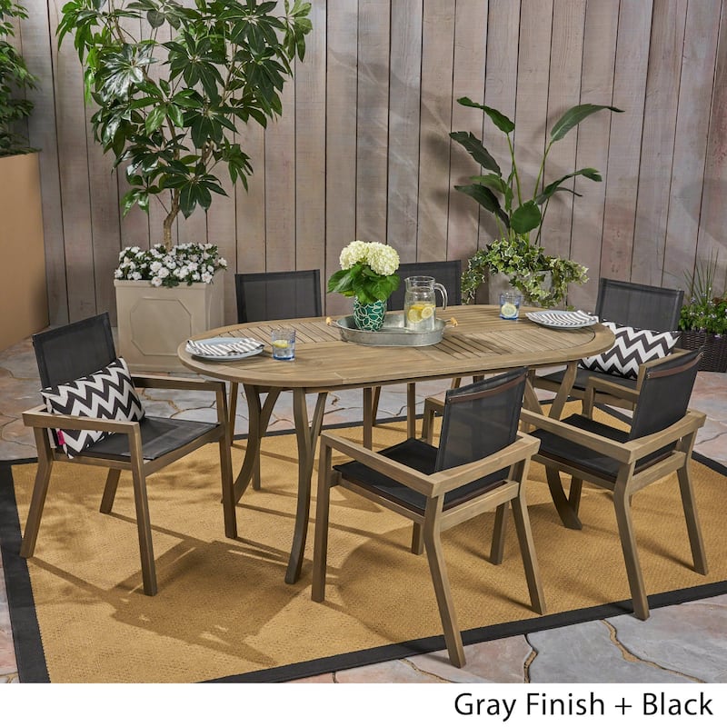 Arletta Outdoor Acacia Wood 6 Seater Patio Dining Set with Mesh Seats by Christopher Knight Home