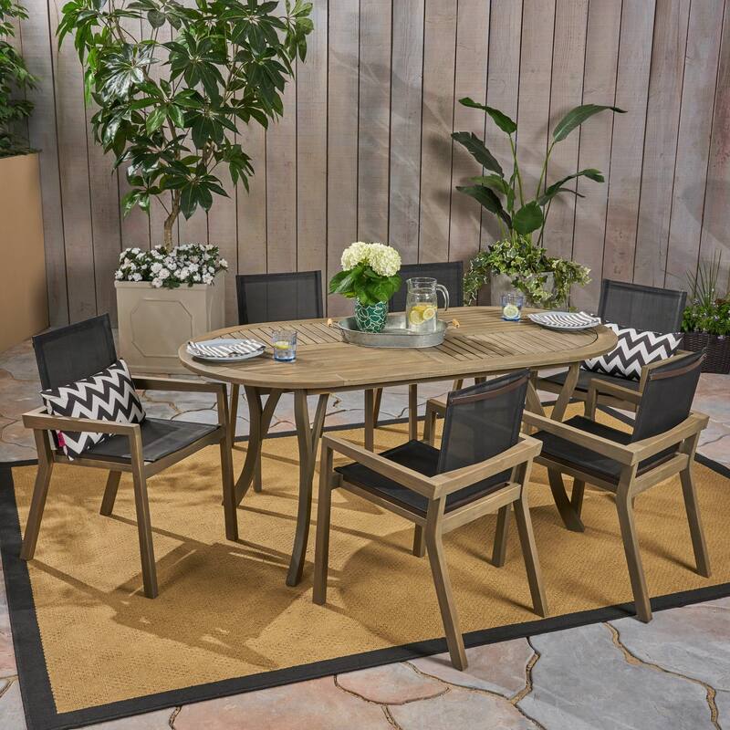 Arletta Outdoor Acacia Wood 6 Seater Patio Dining Set with Mesh Seats by Christopher Knight Home