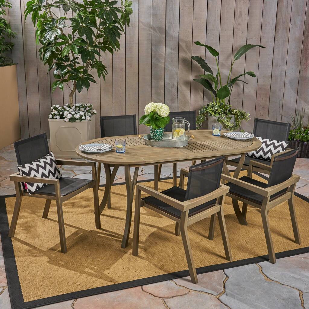 Arletta Outdoor Acacia Wood 6 Seater Patio Dining Set with Mesh Seats by Christopher Knight Home