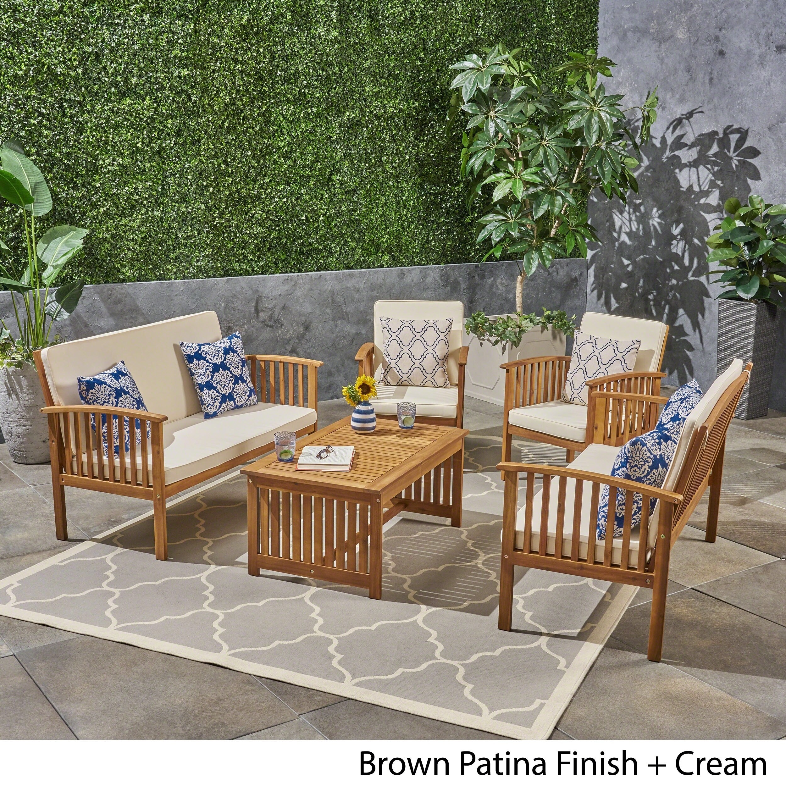 Cream Cushion Christopher Knight Home Carolina Outdoor Acacia Sofa Set Brown Patina 4-Pcs Set