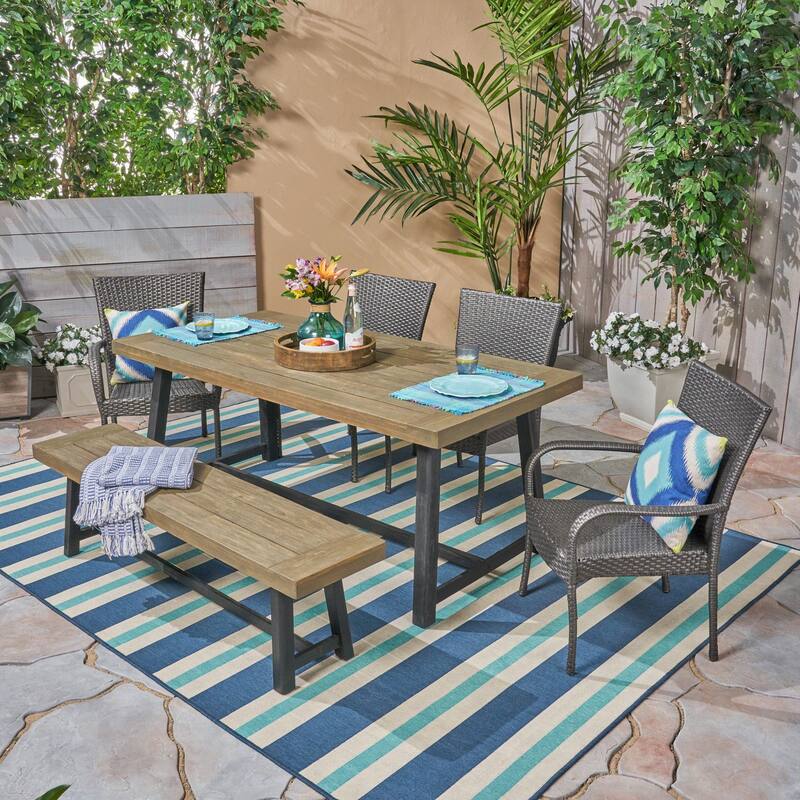Baxley Outdoor 6 Piece Wood and Wicker Dining Set with Stacking Chairs and Bench by Christopher Knight Home - sandlblast grey + black + gray