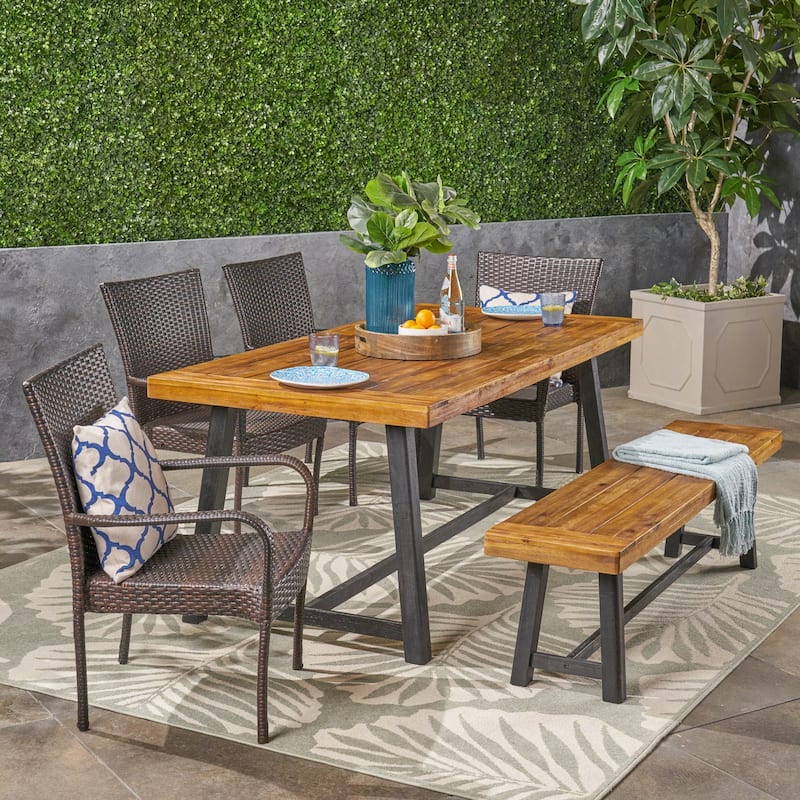 Baxley Outdoor 6 Piece Wood and Wicker Dining Set with Stacking Chairs and Bench by Christopher Knight Home - sandlblast teak + black + multi brown