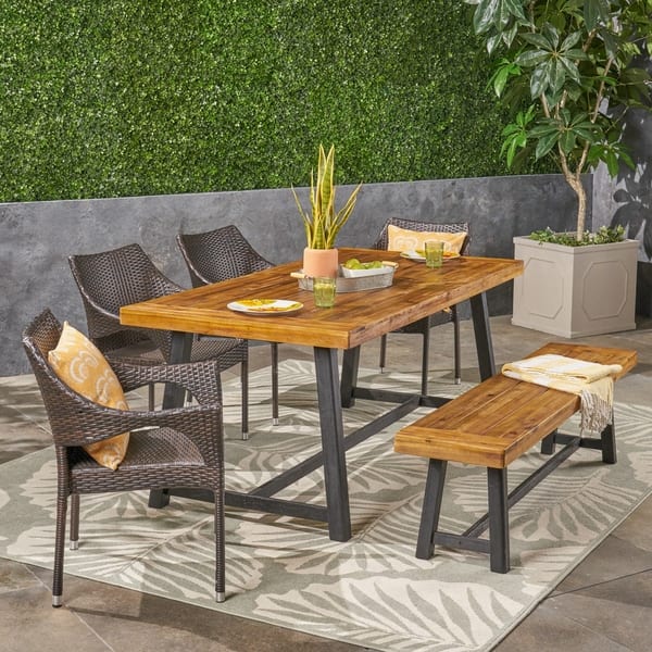 slide 2 of 10, Brecken Outdoor 6 Piece Wood and Wicker Dining Set with Stacking Chairs and Bench by Christopher Knight Home sandlblast teak + black + multi brown