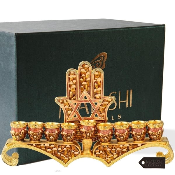 Hand Painted Enamel Menorah Candelabra w/Gold Accent Matashi Crystals
