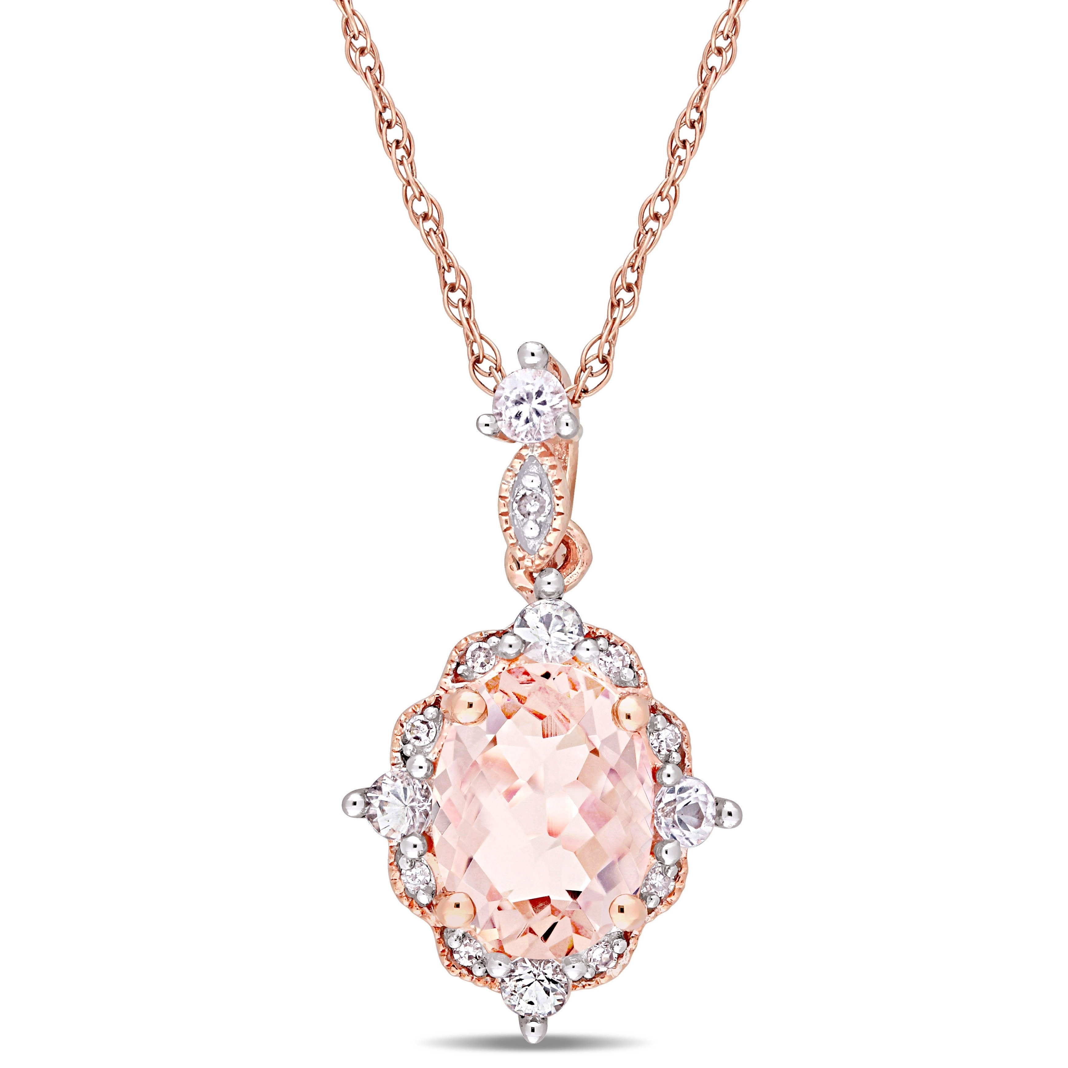 Miadora 10k Rose Gold Morganite White Sapphire Diamond Vintage Halo Necklace