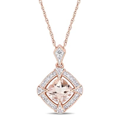 Miadora 10k Rose Gold Morganite Created White Sapphire 1/10ct TDW Diamond Halo Necklace