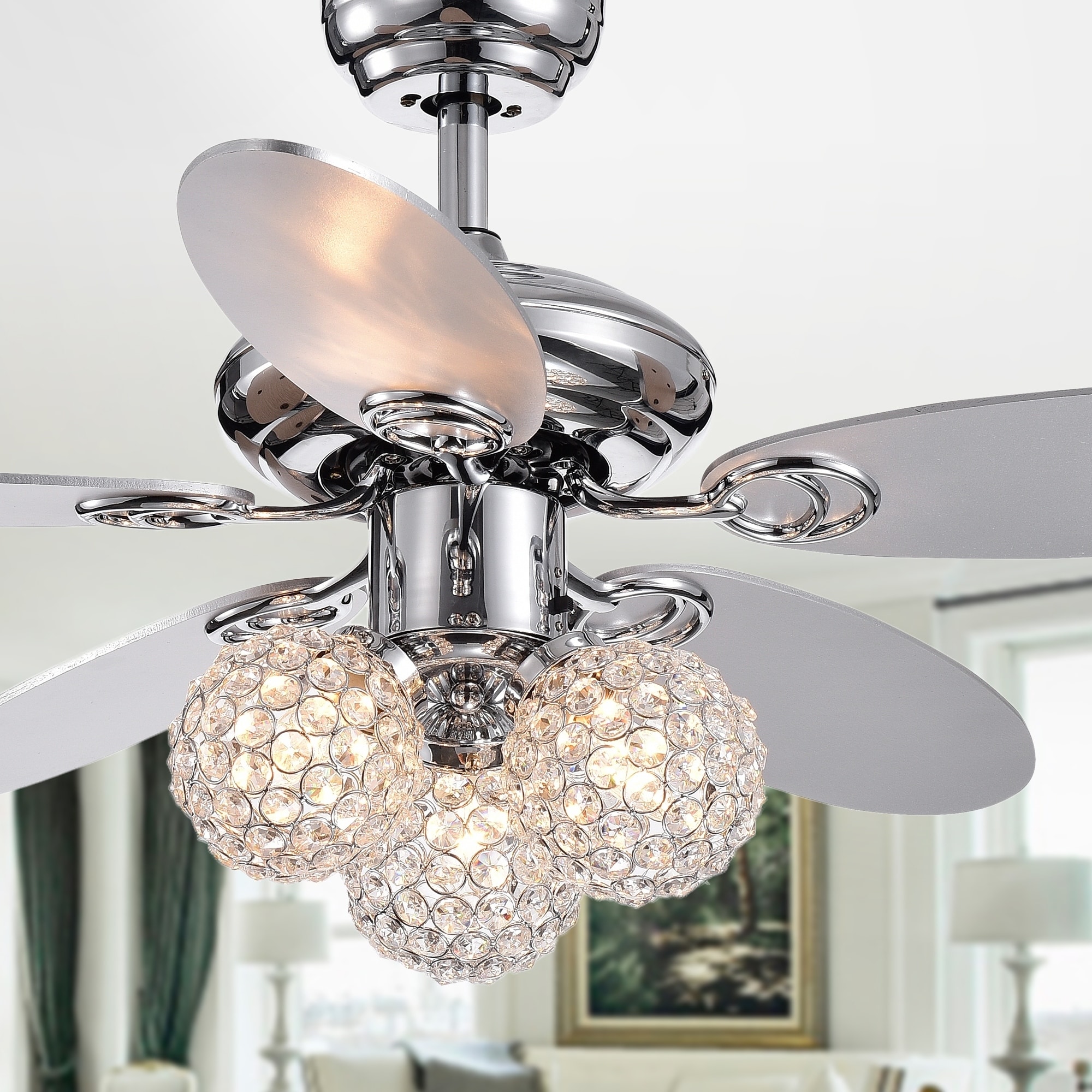 Silver Orchid Lang Chrome 5 Blade 3 Light Crystal 42 Inch Ceiling Fan With Reversible Blades