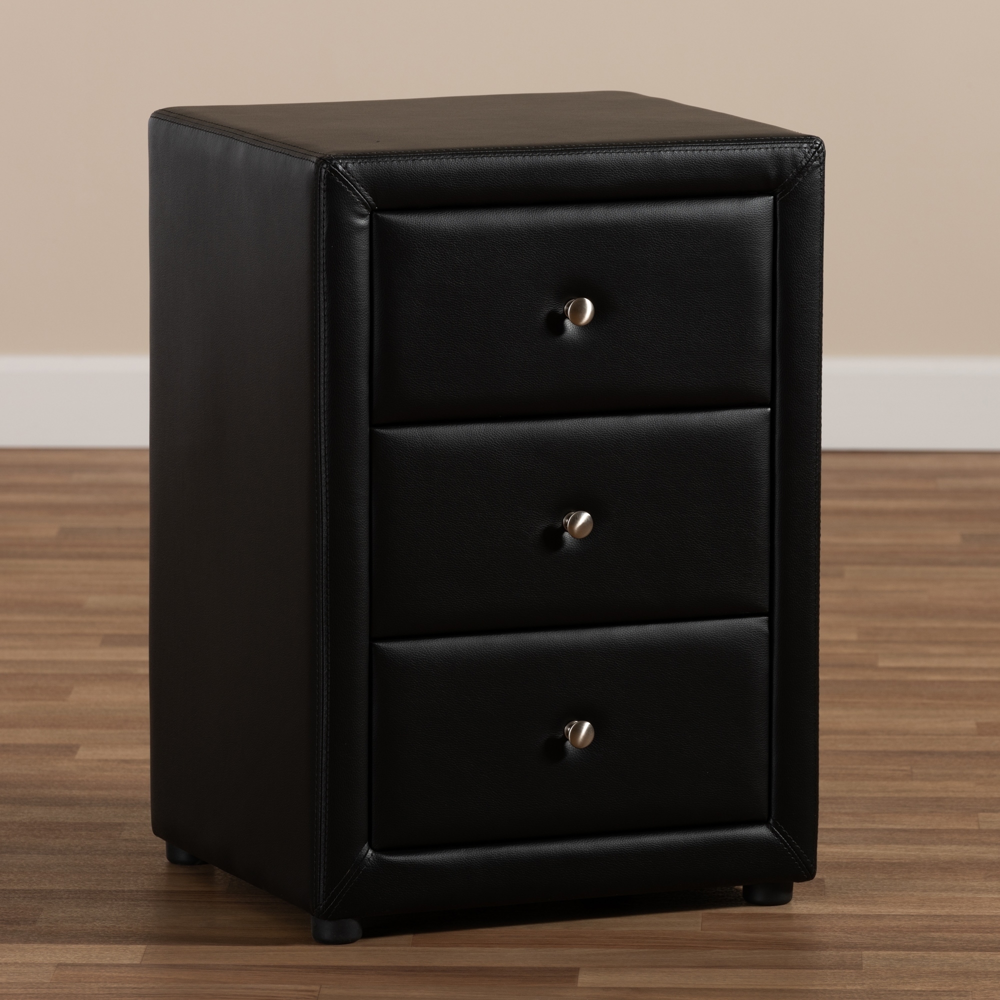 Shop Urban Designs Haley Faux Leather Upholstered 3 Drawer Nightstand In Black Finish Overstock 23444521