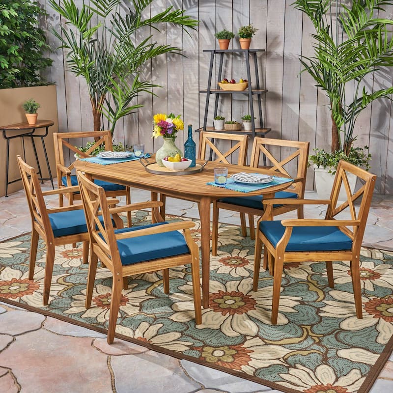 Pines Outdoor 7 Piece Acacia Wood Dining Set by Christopher Knight Home - teak + blue cushion