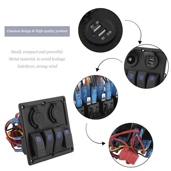 Waterproof 4 Gang Rocker Switch Panel Dual USB 12V Cigarette Lighter ...