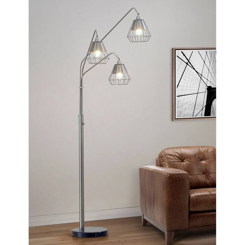 Midtown 3 Light Wire Shades LED Dimmable Arch Floor Lamp with Retro LED Bulbs, Brushed Metal Finish