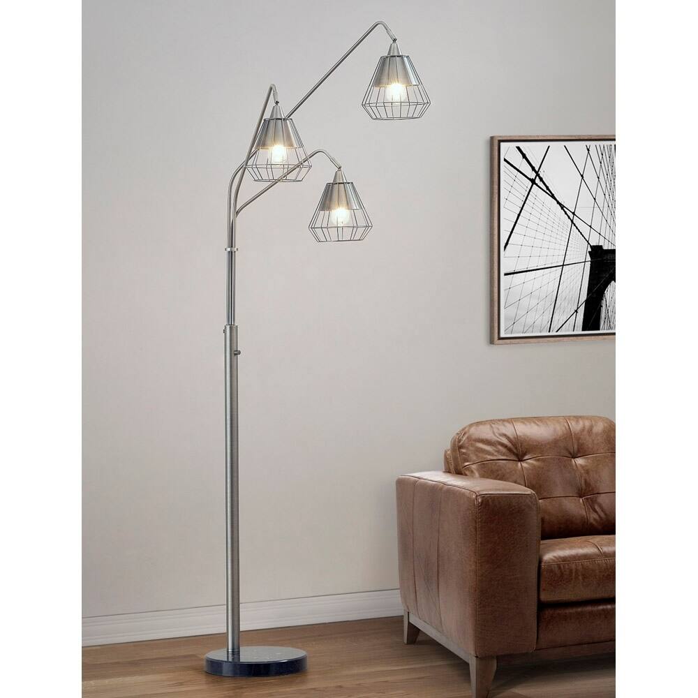 Midtown 3 Light Wire Shades LED Dimmable Arch Floor Lamp with Retro LED Bulbs, Brushed Metal Finish