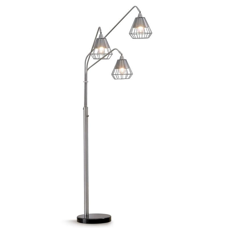 Midtown 3 Light Wire Shades LED Dimmable Arch Floor Lamp with Retro LED Bulbs, Brushed Metal Finish