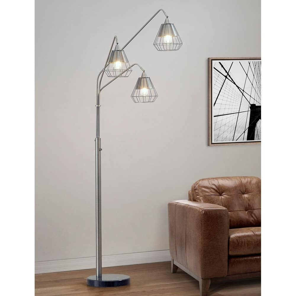 Midtown 3 Light Wire Shades LED Dimmable Arch Floor Lamp with Retro LED Bulbs, Brushed Metal Finish