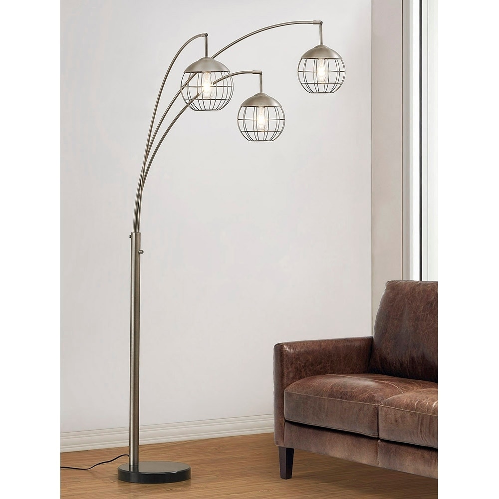Metro 3 Light Wire Shades LED Dimmable Arch Floor Lamp with LED Edison Bulbs, Brushed Metal Finish