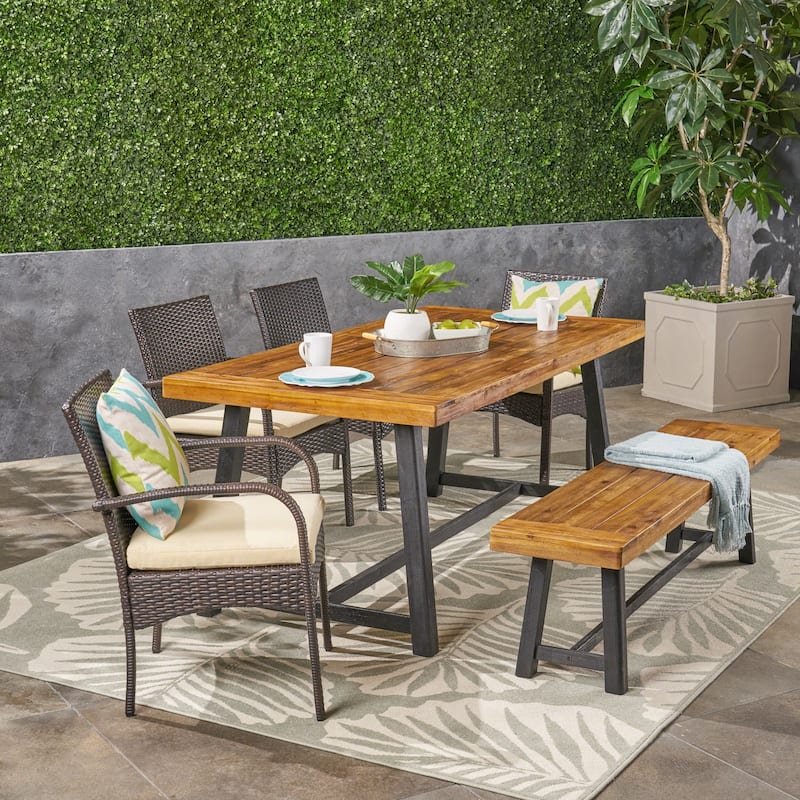 Tara Outdoor 6 Piece Wood and Wicker Dining Set with Chairs and Bench by Christopher Knight Home
