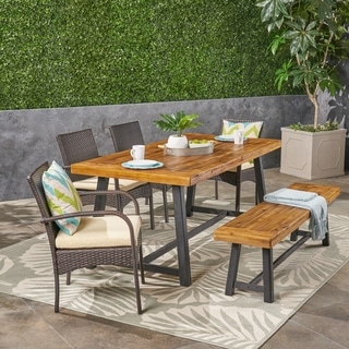 Tara Outdoor 6 Piece Wood and Wicker Dining Set with Chairs and Bench by Christopher Knight Home