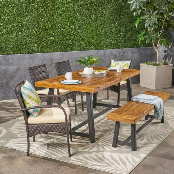 slide 2 of 10, Tara Outdoor 6 Piece Wood and Wicker Dining Set with Chairs and Bench by Christopher Knight Home teak + black + brown + cream cushion