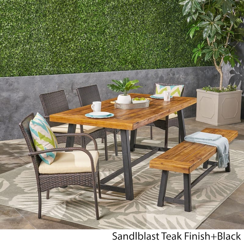 Tara Outdoor 6 Piece Wood and Wicker Dining Set with Chairs and Bench by Christopher Knight Home