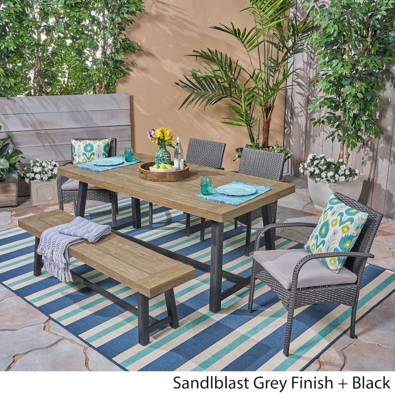 Tara Outdoor 6 Piece Wood and Wicker Dining Set with Chairs and Bench by Christopher Knight Home