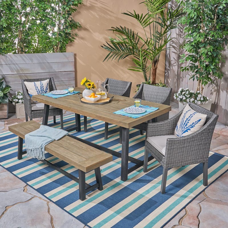 Calero Outdoor 6 Piece Wood and Wicker Dining Set with Chairs and Bench by Christopher Knight Home - sandlblast grey  + gray + black + silver  cushion