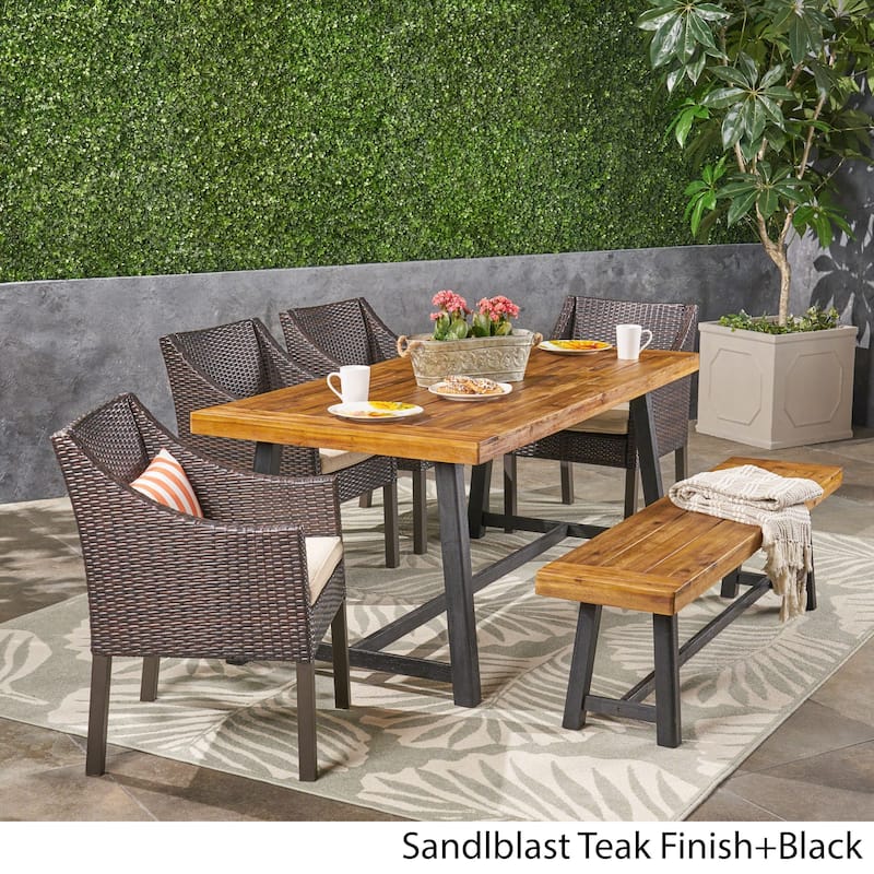 Calero Outdoor 6 Piece Wood and Wicker Dining Set with Chairs and Bench by Christopher Knight Home