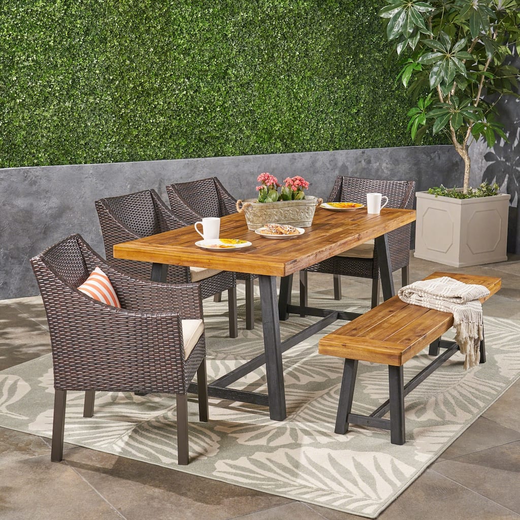 Calero Outdoor 6 Piece Wood and Wicker Dining Set with Chairs and Bench by Christopher Knight Home