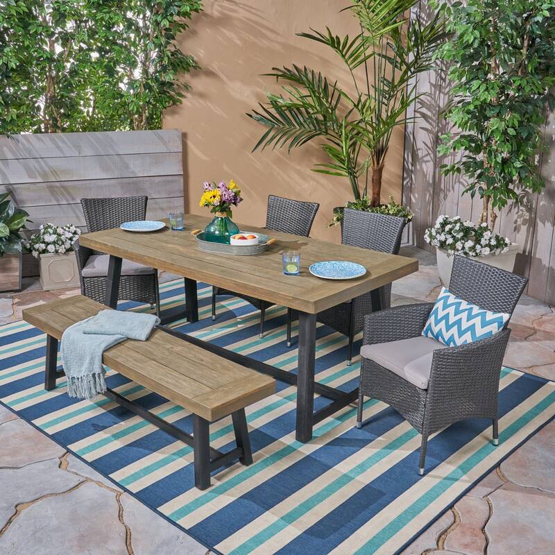 Boden Outdoor 6 Piece Wood and Wicker Dining Set with Chairs and Bench by Christopher Knight Home - Grey +Black+Light Grey Cushion