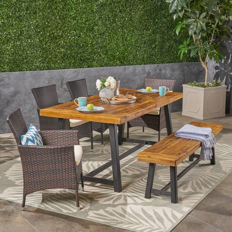 Boden Outdoor 6 Piece Wood and Wicker Dining Set with Chairs and Bench by Christopher Knight Home - Teak + Black + Brown + Beige Cushion