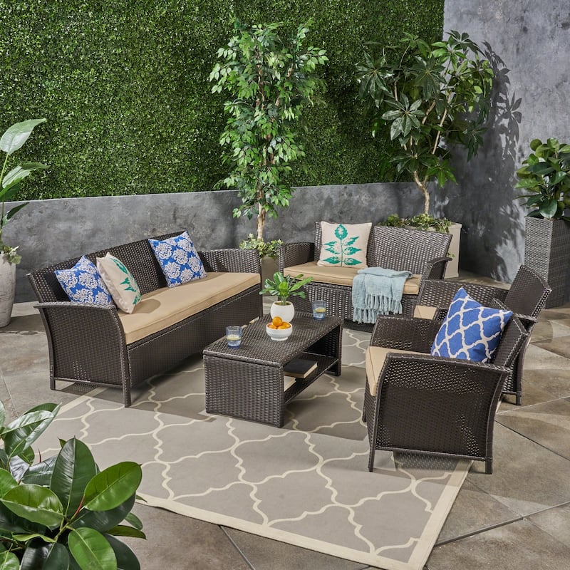 St. Lucia Outdoor 7 Seater Wicker Chat Set by Christopher Knight Home - brown + tan cushion