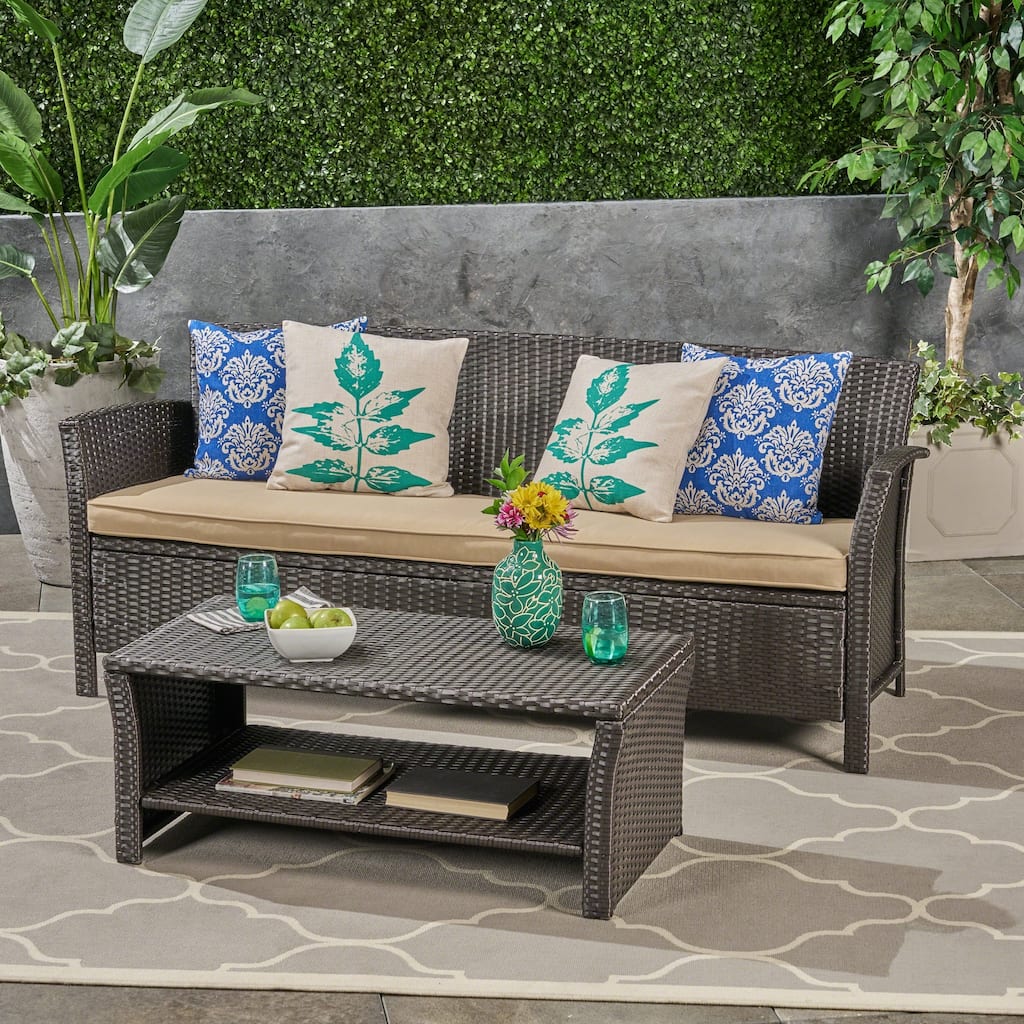 St. Lucia Outdoor 3-Seater Wicker Sofa with Coffee Table by Christopher Knight Home