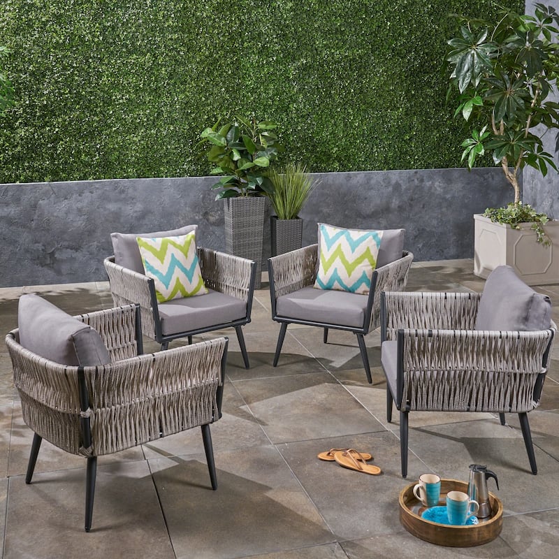 Oceanus Outdoor Wicker Club Chair (Set of 4) by Christopher Knight Home - Light Gray + Dark Gray Cushion