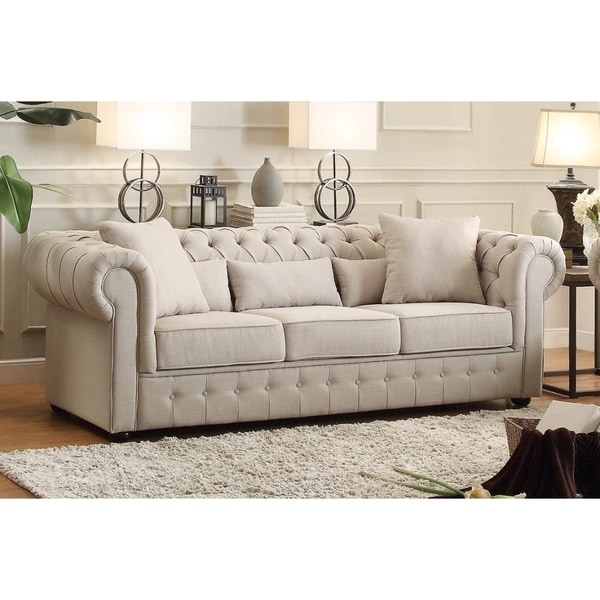 shop fabric upholstered button tufted sofa with 5 pillows