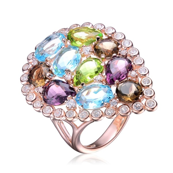 Collette Z Sterling Silver with Rose Gold Plated Multi Colored Pear Oval and Round Cubic Zirconia Halo Pear Cocktail Ring