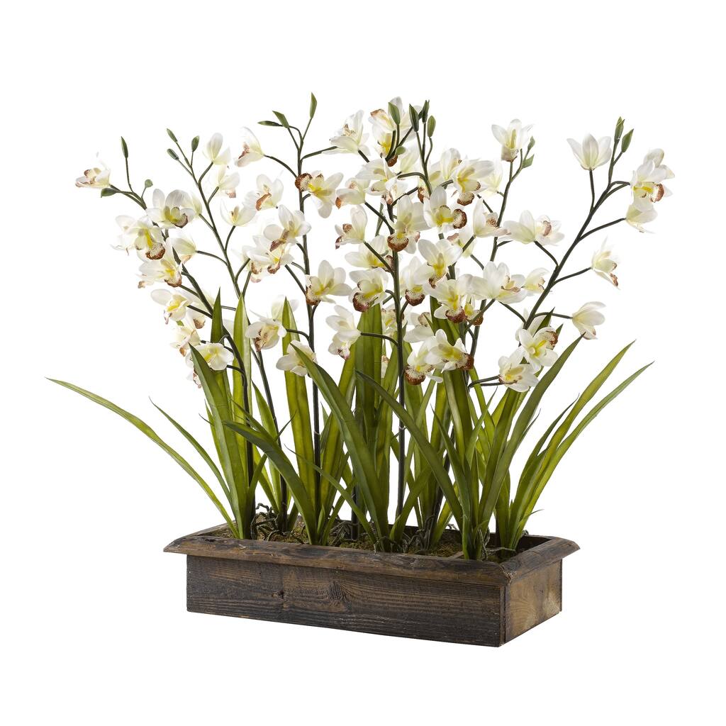 Cream Cymbidium Orchids in Rectangle Metal Planter