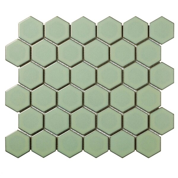 Barcelona Hexagon Glazed Porcelain Mosaic Tile Glossy Green with Retro Edge