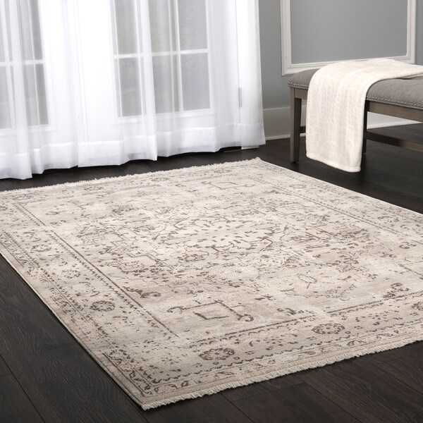 Stratford Vintage Medallion Ivory Fringed Area Rug by ELLE Home - 5'2"x 7'8"