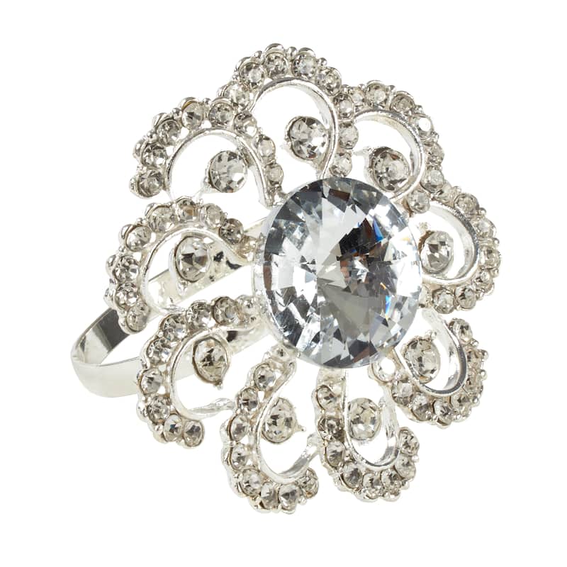 Jeweled Floral Napkin Rings (Set of 4) - silver