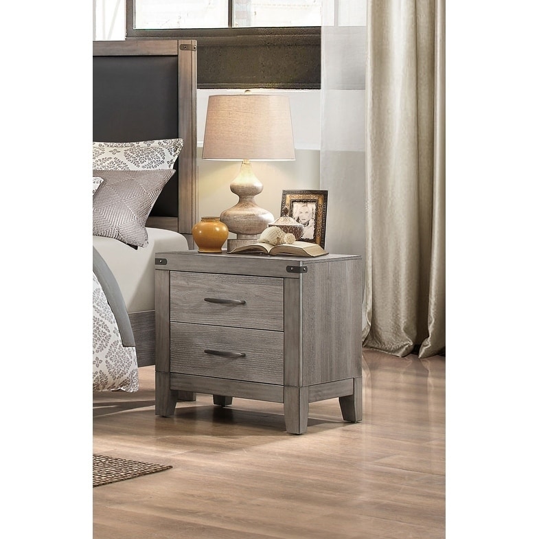 Benzara 2 Drawer Wooden Night Stand with Metal Handle, Weathered Gray (Grey)