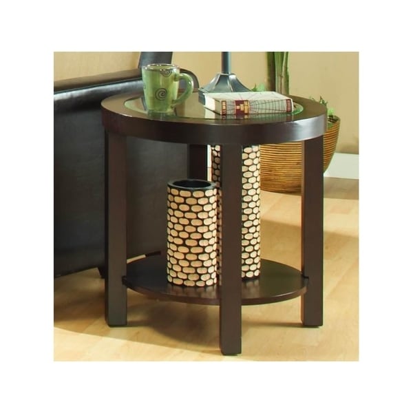 Wooden Round End Table With Gl Inserted Top And Bottom Shelf Wooden Round End Table With Gl Inserted Top And Bottom Shelf Espresso Brown