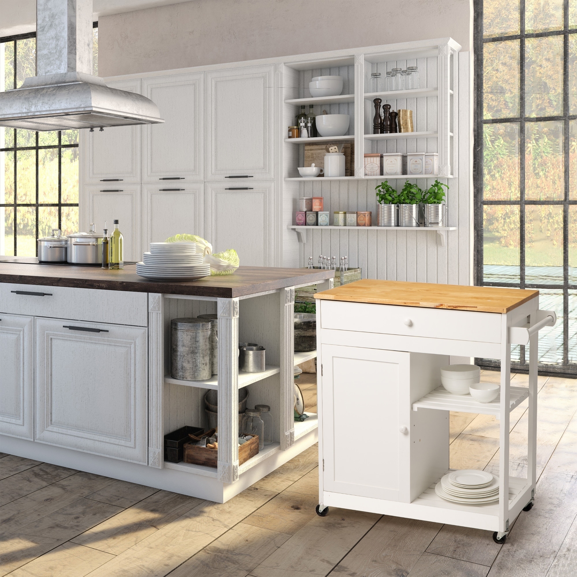 white kitchen island with stainless steel top
