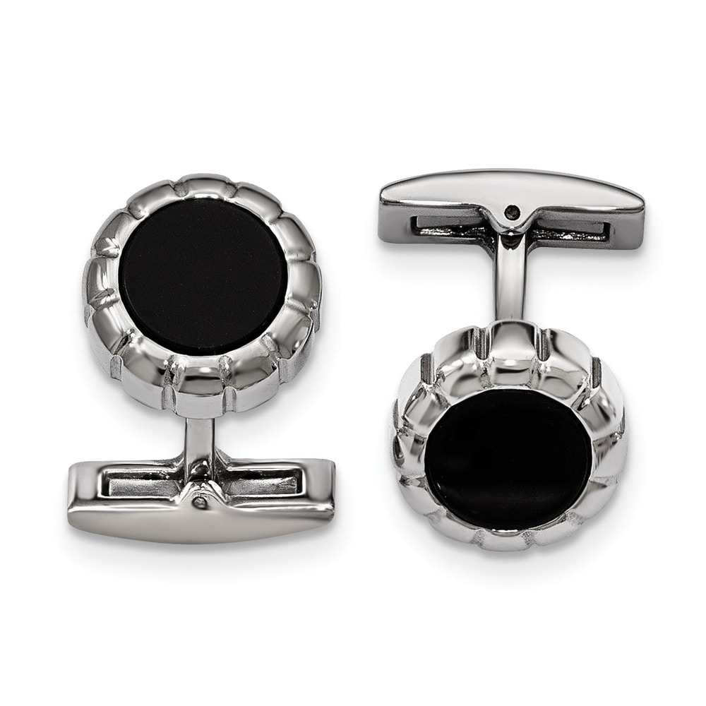 Jewel Tie Stainless Steel Polished Textured Blue IP Plated Round Cuff Links
